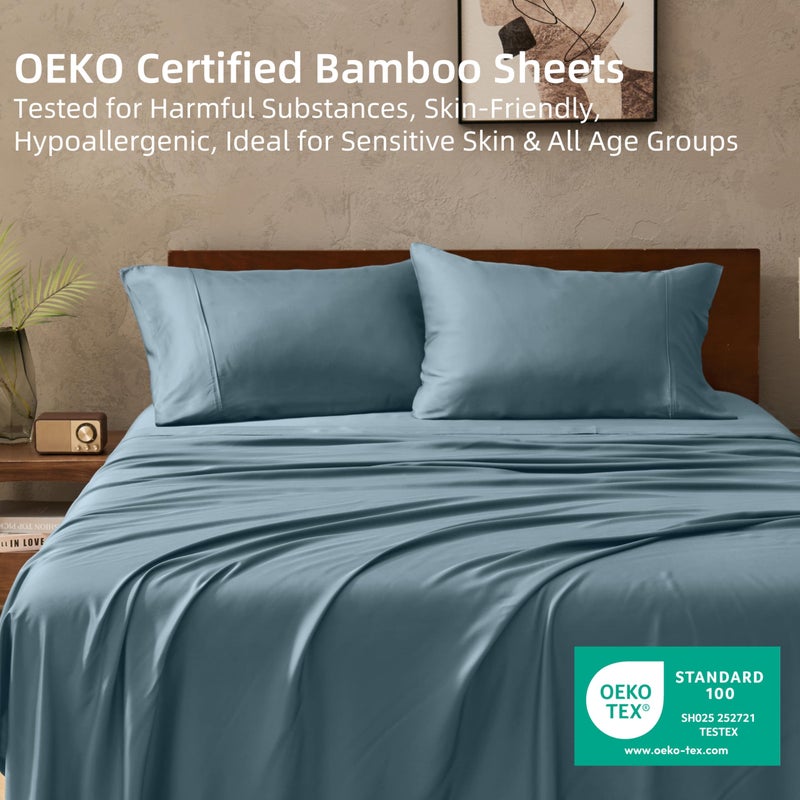 GOKOTTA 4-Pcs Full Sheet Set, 100% Rayon Derived from Bamboo, 15" Deep Pocket Full Size Bed Sheets with Elastic Corner Straps, Cooling Sheets for Hot Sleepers - Silky Soft & Breathable - Blue - Image 4
